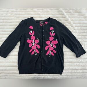 Women’s XL cardigan sweater by Peck and Peck black with embroidered pink flowers